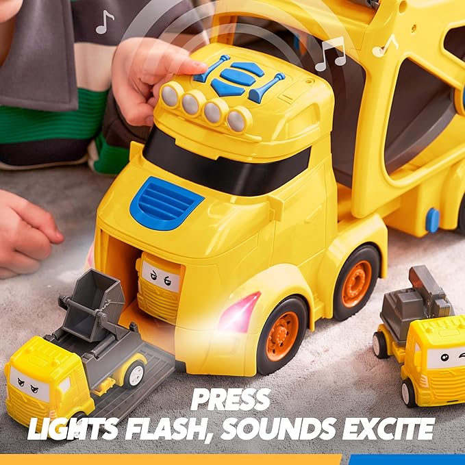 JOVA Extra Large Toy Trucks for Toddlers, 3-Layer Construction Trucks for Boys, 7-in-1 Big Carrier Truck with Siren & Lights and 6 Toy Cars, Birthday Gifts for Boys Kids