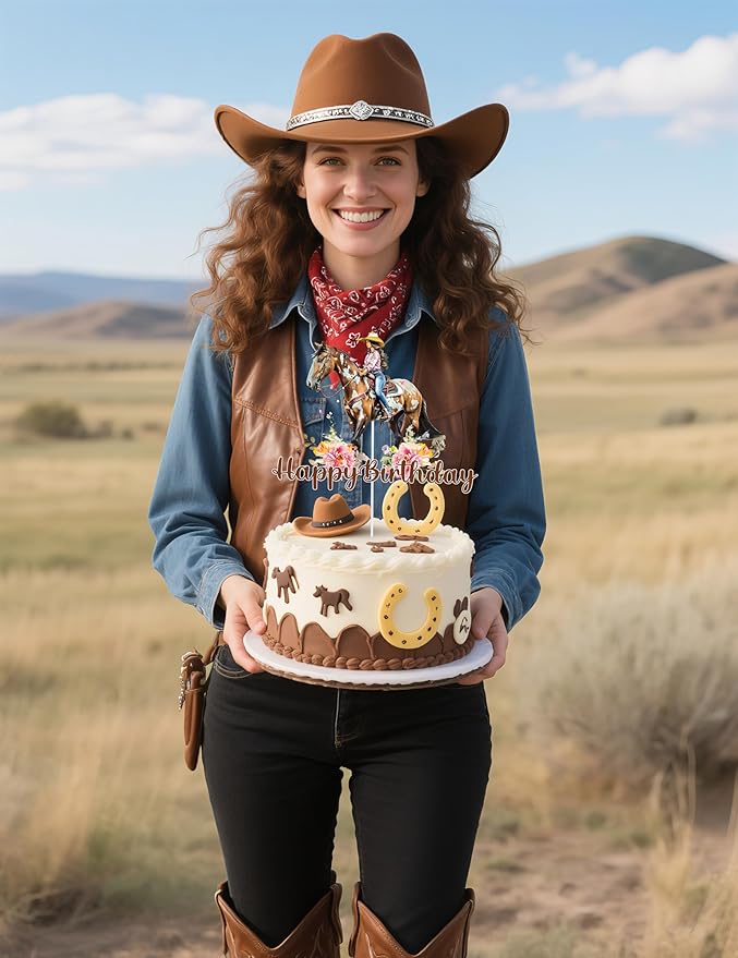 Cowgirl Birthday Cake Topper - Western Cowgirl Happy Birthday Cake Topper for Cowgirls Girls Women' Birthday Party Supplies - Horse Cake Toppers