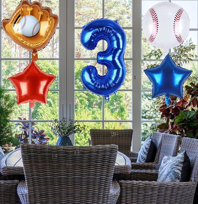 Baseball Balloons 3rd Birthday Decorations for Boys | Baseball Birthday Decoration Sports Theme Party Supplies, 32Inch Foil Mylar Number 3 Balloon Navy Blue Red White Sports Balloon Arch Kits