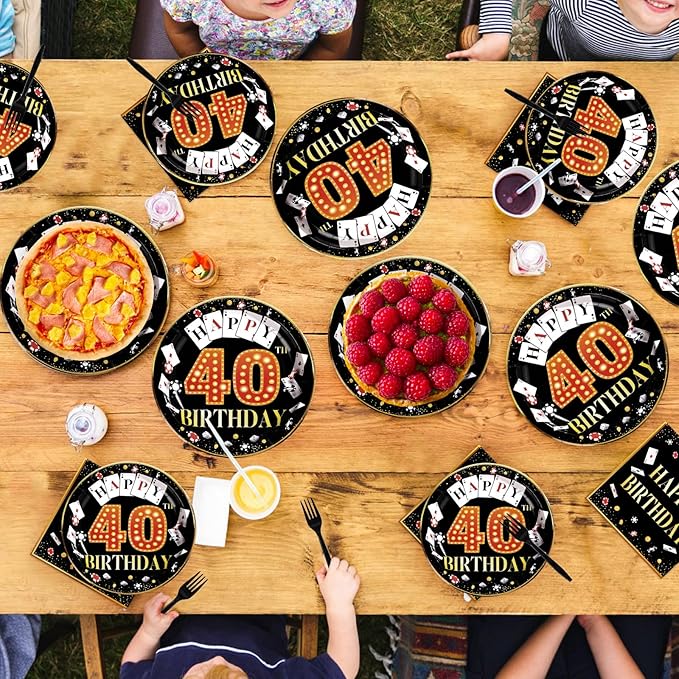96Pcs Casino 40th Birthday Decoration Casino Themed Paper Plates and Napkins 40th Las Vegas Party Decoration for 40 Years Birthday Poker Game Night Vegas Party Supplies