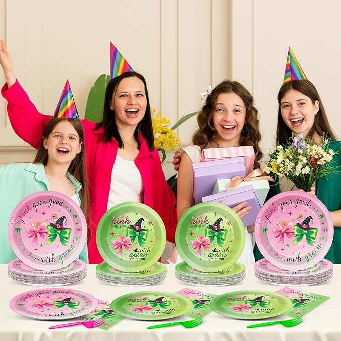 96PCS Witch Birthday Party Decorations Tableware Pink and Green Plates and Napkins Disposable Witch Tableware Set for Girls Birthday Party Decorations Baby Shower Movie Fans Decor Severs 24 Guests