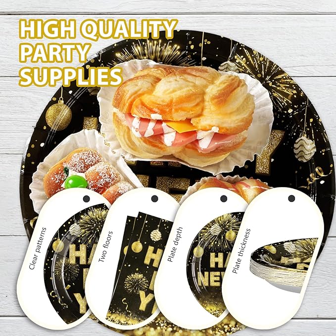 Grencian 96 PCS New Years Eve Party Supplies 350 GSM Black and Gold Happy New Year Tableware Set 2025 Disposable New Years Eve Paper Plates and Napkins for 2025 New Year Party Decorations Serves 24