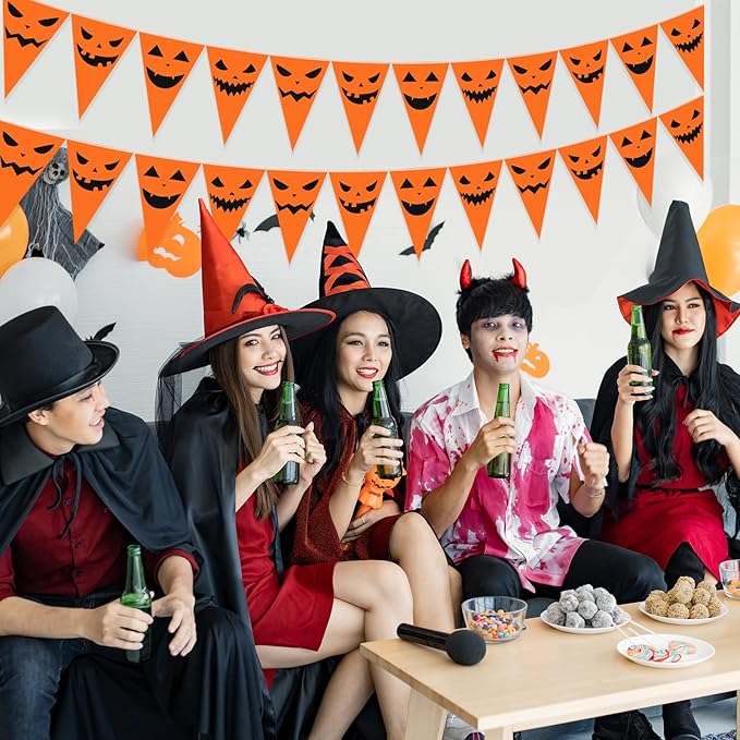 Jetec 5 Pieces 49 Feet Halloween Pumpkin Pennant Banner Party Decorations Spooky Funny Pumpkin Triangle Flags Bunting Banners for Halloween Spooky Birthday Party Decor Indoor Outdoor Supplies
