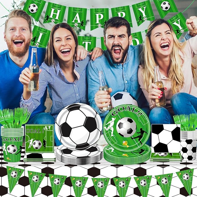 Soccer Party Plates Tableware Set Serves 24 Soccer Party Supplies Includes Banner Plates Cups Napkins Tablecloth for Soccer Sports Theme Birthday Supplies