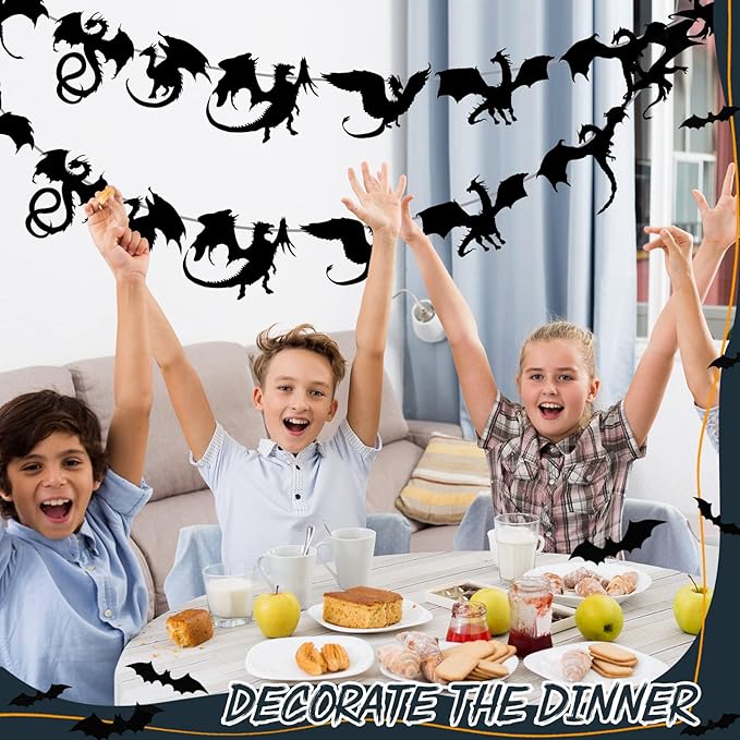 Henoyso 4 Pcs Black Dragon Party Banner Hanging Dragon Decor Birthday Supplies 32 Black Decorations for Birthday Theme Fantasy Party Supplies, 8 Designs