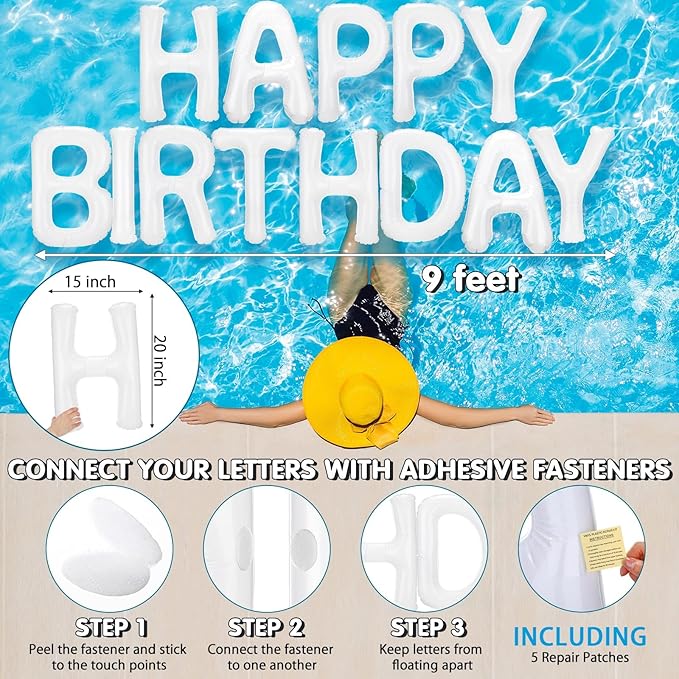 Shappy 20'' Happy Birthday Pool Large Floating Letter Balloons with Adhesive Dots Inflatable Pool Decorations for Summer Birthday Party