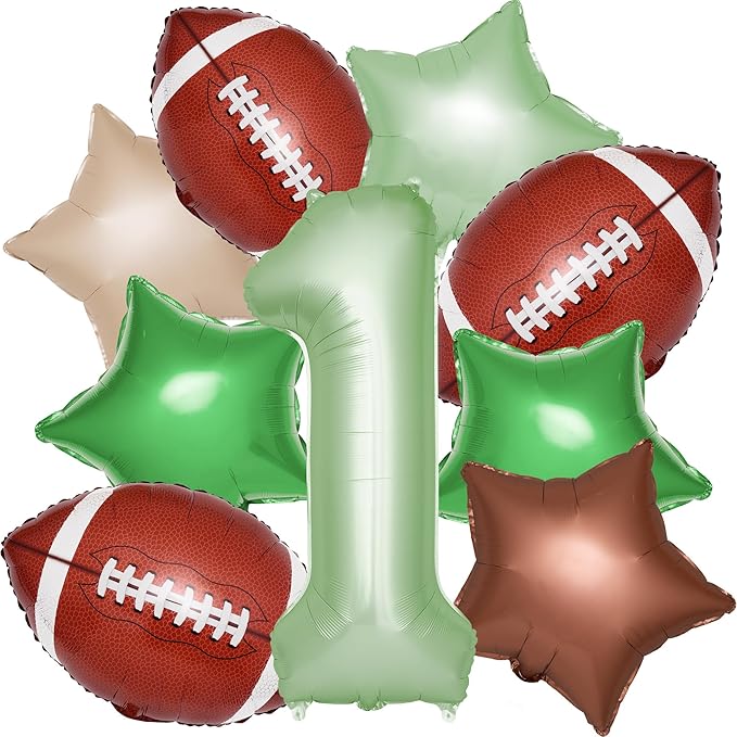 First Year Down Birthday Party Decorations, 8 Pcs 1st Birthday Decorations for Boy with 40" Green One Balloon for First B-day Football Foil Helium Balloons 1st Boy Party Supplies