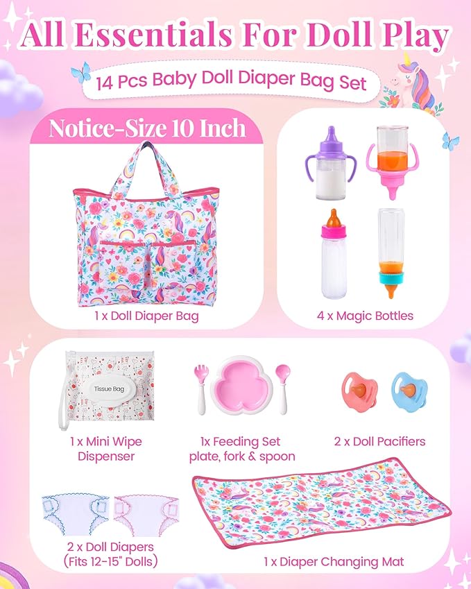 BABESIDE 14 Pcs Baby Doll Diaper Bag Set with Magic Bottles, Baby Doll Accessories Includes Changing Mat, Diapers and Bottle with Disappearing Milk for 12-16 Inches Dolls Kids Gift