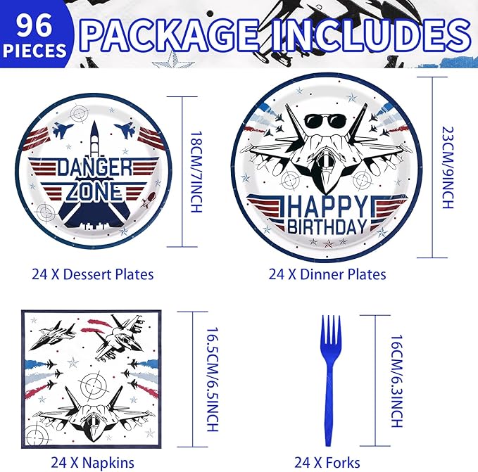 96 Pcs Fighter Jet Pilot Birthday Decorations Military Jet Plates and Napkins Top Air Force Gun Tableware Set Airplane Birthday Party Decorations for Pilot Aviation Aircraft Party Supplies Serves 24