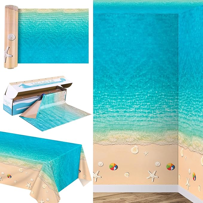 Kochorie Summer Beach Tablecloth Roll with Cutter Box 100 Ft X 54 Inch Beach Themed Party Tablecover Disposable Beach Ball Plastic Tablecloth Ocean Backdrop for Summer Beach Pool Birthday Party Supply