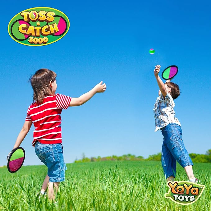 YoYa Toys Toss and Catch Ball Game Upgraded Set - Outdoor Kids Sports Activities - Outside Fun Summer Toy for Beach, Backyard, Park, Yard Lawn, Camping for Ages 4-12, 2 Catch Paddles, 2 Sticky Balls