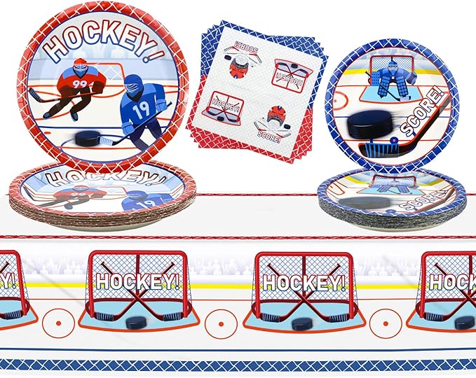 Hockey Theme Party Supplies - 61 Pcs Hockey Plates Napkins Tablecloth Set, for Kid's Hockey Fans Birthday Gameday - Serves 20
