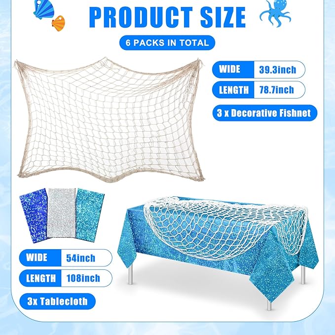 Unittype 6 Pcs Fish Net Decorative and Tablecloth Set, Cotton Fishnet and Plastic Table Cover Decorations Set for Nautical Themed Party Baby Shower Pirate Decorations Mermaid Party (Laser Ocean)