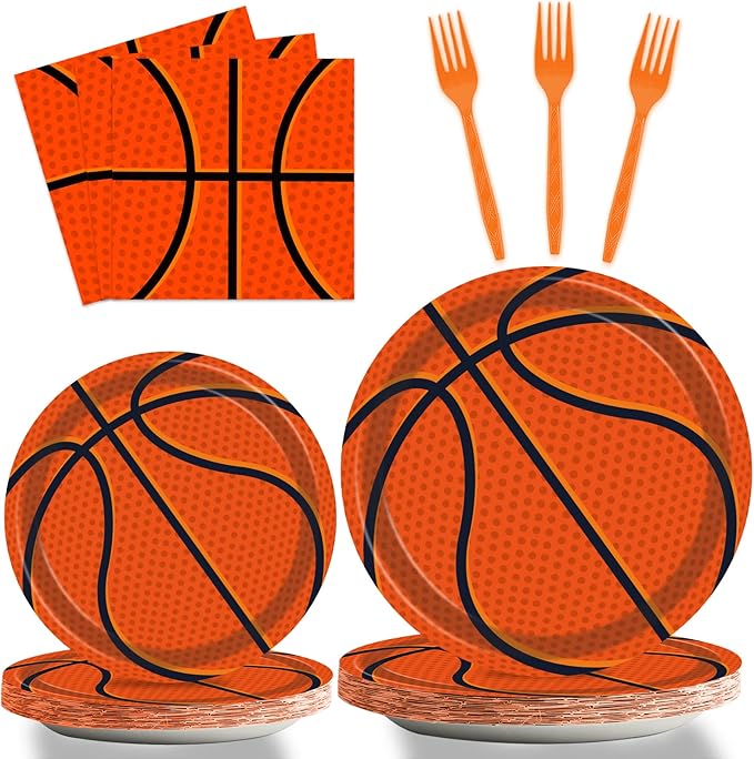 96Pieces Basketball Tableware Set Sport Party Disposable Plates Napkins Fork Basketball Birthday Party Decorations For Teenagers Kids Boys Baby Basketball Team Party Supplies Serves 24 Guests