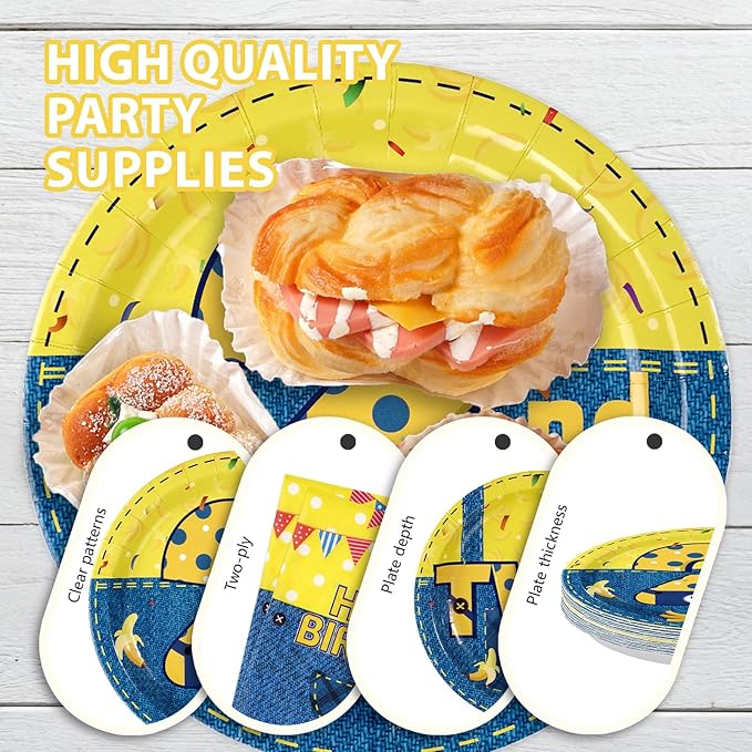 96 Pcs Yellow Cartoon 2nd Birthday Party Supplies Yellow Jeans Banana Plates and Napkins Disposable Big Eyes Cartoon Tableware Set for Boys Girls 2 Years Old Birthday Party Decorations Serves 24