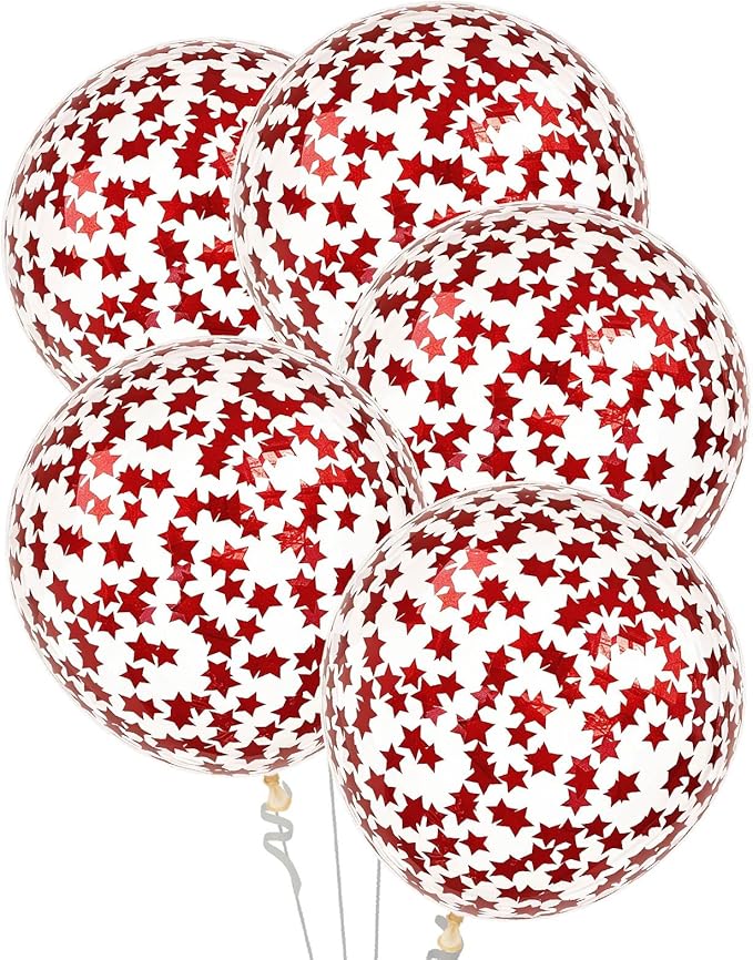 VHUWE 25 Pcs Red Star Confetti Balloons, 12 Inch Clear Latex Balloon with Confetti Inside for Birthday Party Baby Shower Graduation Engagement Bridal Shower Decorations Supplies - Red Star Confetti