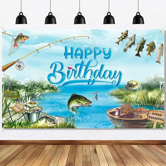 Fishing Birthday Party Decorations Gone Fishing Happy Birthday Banner, Fishing Themed Background Bass Fishing Party Supplies for Adults and Kids 6 x 3.6 ft