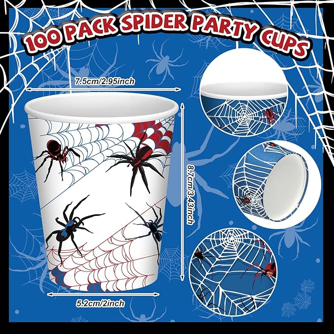100 Pcs 9 oz Spider Disposable Paper Cups Spider Party Supplies Bulk Party Disposable Coffee Cups for Tea Beverage Hot Cold Drinking Holiday Picnic Cocktail Wedding Home Offices
