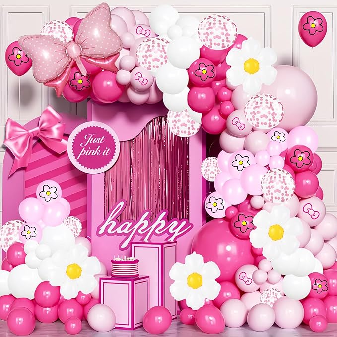 126 Pcs Pink balloon garland Arch Kit, Hot Pink Rose Red Balloons for Cartoon Cat Themed Birthday Party Decorations Girls Kids Gatherings Party Supplies