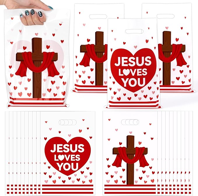 Jesus Loves You Party Favor Bags - 50Pcs Red Heart Jesus Cross Christian Goody Candy Treat Bags for Baptism Party Decorations for Valentine’s Day Religious Church Sunday School Birthday