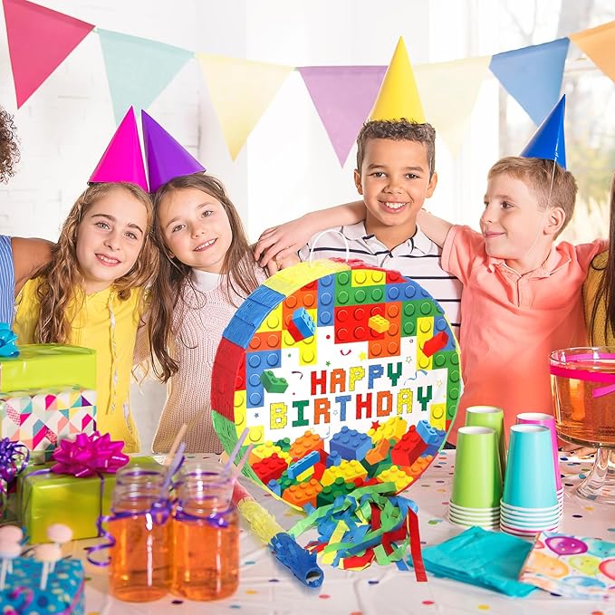 Jexine Birthday Block Piñata Set Birthday Building Piñata with Blindfold, Bat, Stick Blocks Party Supplies for Carnival Fiesta Party Supplies Event Decoration