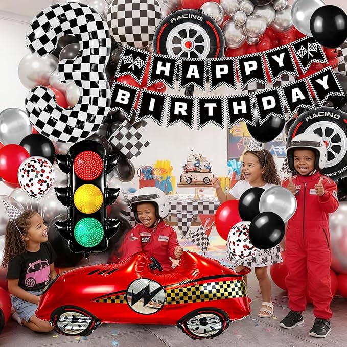 Race Car Birthday Party Decorations, with 40 Inch Number 3 Balloon, Happy Birthday Banner, Traffic Light and Foil Tire Balloon for 3rd Car Themed Birthday Party Supplies
