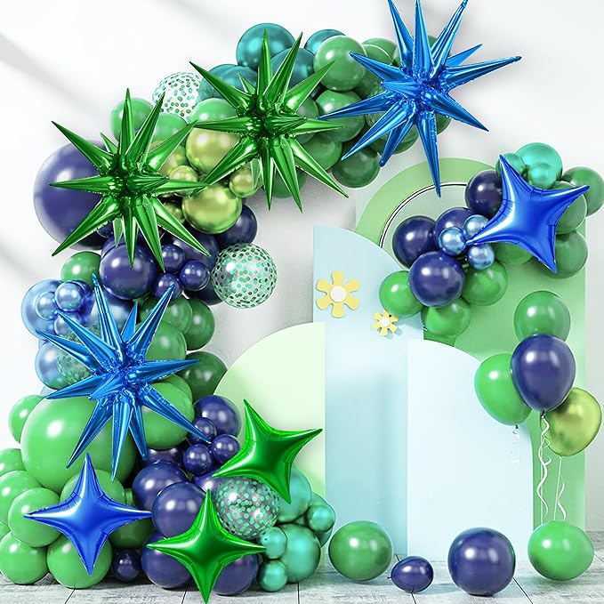 TONIFUL 18Pcs 22Inch Blue Green Large Explosion Star Mylar Balloons and 10Inch Four Pointed Star Balloons Set for Christmas New Year Birthday Wedding Bridal Shower Anniversary Photo Booth Supplies