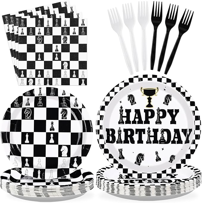 96Pcs Chess Happy Birthday Party Supplies Black and White Checkered Plates and Napkins Disposable Chessboard Game Tableware Set for Chess Player Birthday Party Decorations, Serves 24