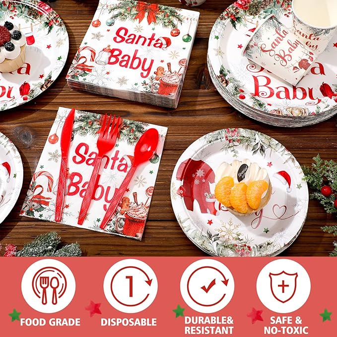 Dandat 350 Pcs Baby Shower Plates Set Serves 50 Tableware Sets Include Plates Napkin Cup Forks Knives Spoons Disposable Dinnerware (Christmas Santa Baby,Red)