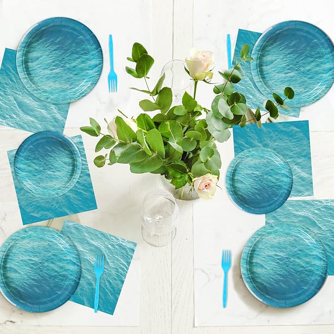 gisgfim 96 Pcs Ocean Sea Plates and Napkins Party Supplies Ocean Waves Birthday Party Tableware Set Sea Theme Party Decorations Favors for Birthday Baby Shower for 24 Guests
