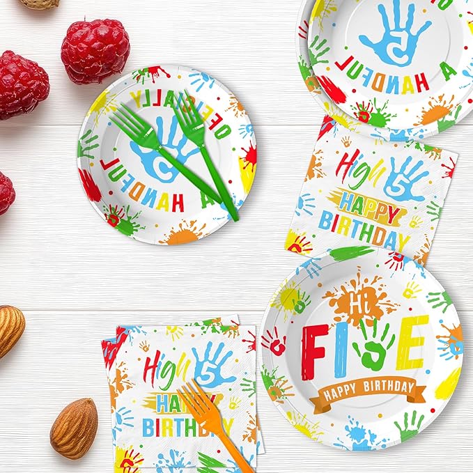 96Pcs Hi Five Birthday Decorations Colorful High Five Birthday Party Plates and Napkins Disposable 5 Year Old Tableware for Kids Boys Girls 5th Party Supplies, Serves 24