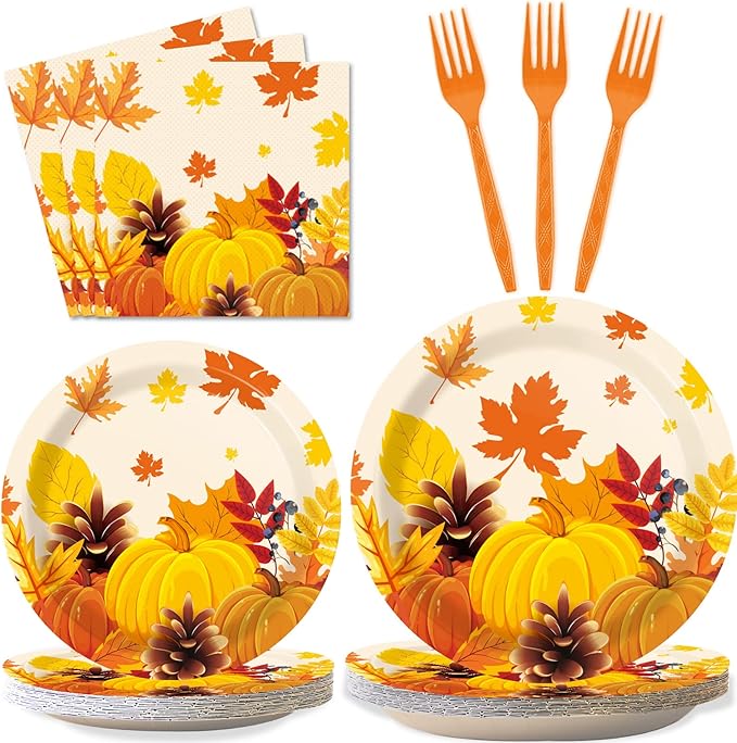 gisgfim 96 Pcs Thanksgiving Fall Plates and Napkins Party Supplies Autumn Leaves Tableware Set Thanksgiving Pumpkin Maple Party Decorations Favors for Fall Theme Birthday Serves 24