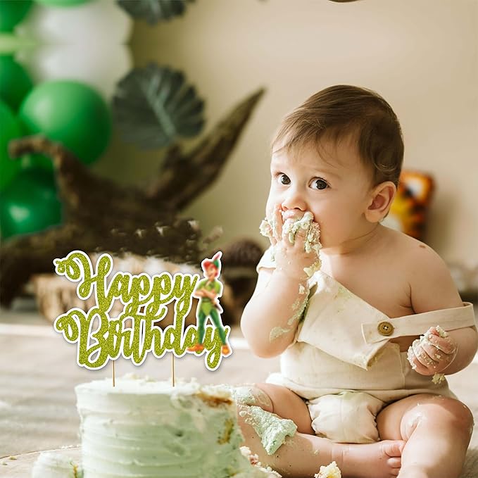 "Petr Pan Happy Birthday Cake Topper – Neverland Theme Birthday Party Supplies – Magical Green and Gold Cake Decoration with Petr Pan, Tinker Bell, and Fairy Dust Design for Boys Girls and Fans"