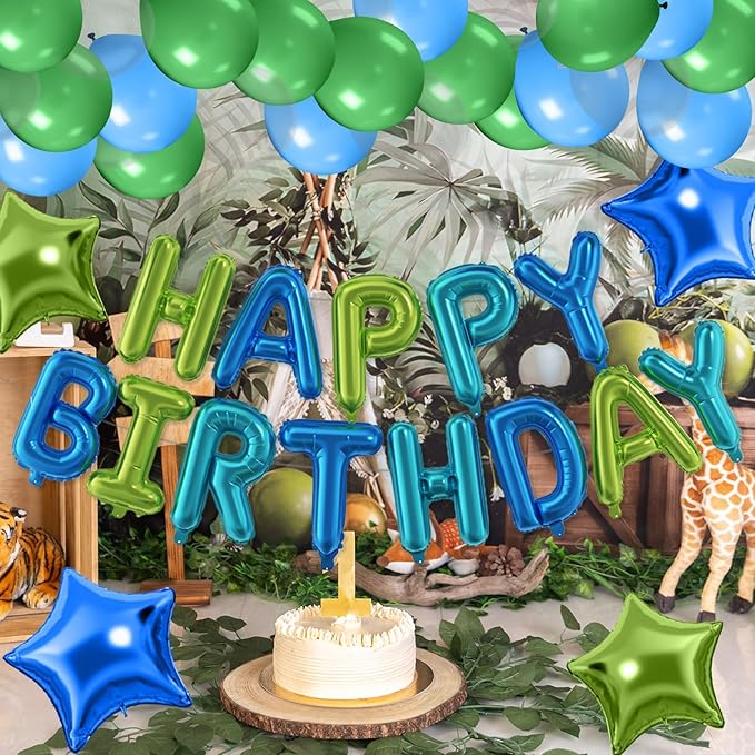 29PC Blue Green Happy Birthday Balloon Banner, 16 Inch 3D Aluminum Letter Banner Sign, Clear Blue Green Balloon Helium 18 Inch Star Foil Balloon for Kids, Women, Men Birthday Party Decoration