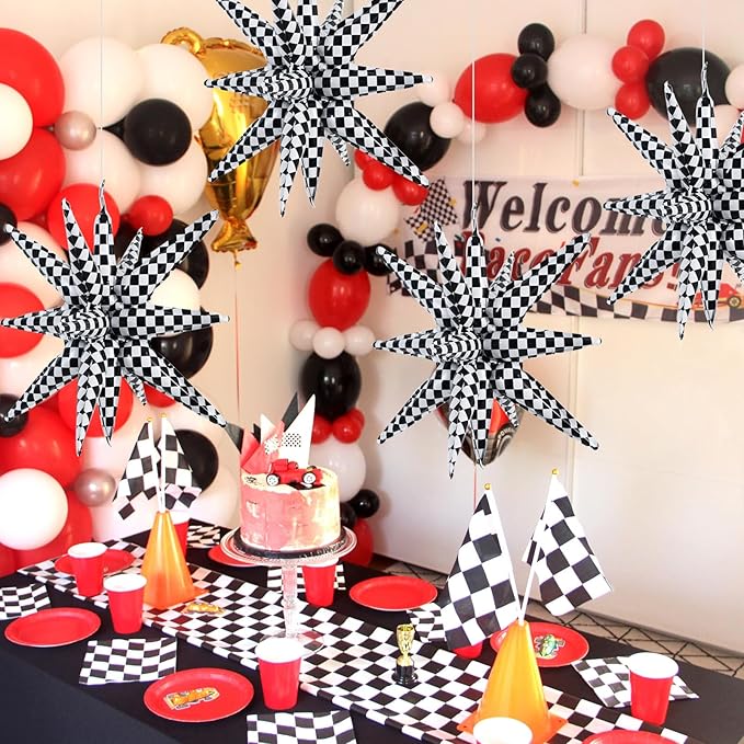TONIFUL 4 Pcs 22inch 4D Checkered Explosion Star Mylar Balloons 14Point Checkered Star Balloons for Racing Themed Party Decorations Fast Race Car Birthday Baby Shower Photo Booth Backdrop Supplies