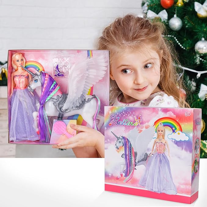 BETTINA Princess Doll with Color Changing Unicorn Toys, Unicorn Changes Color Under Sunshine, 11.5 Inch Doll with Princess Dress&Acessories, Xmas Birthday Toys Gifts for Girls 3-12