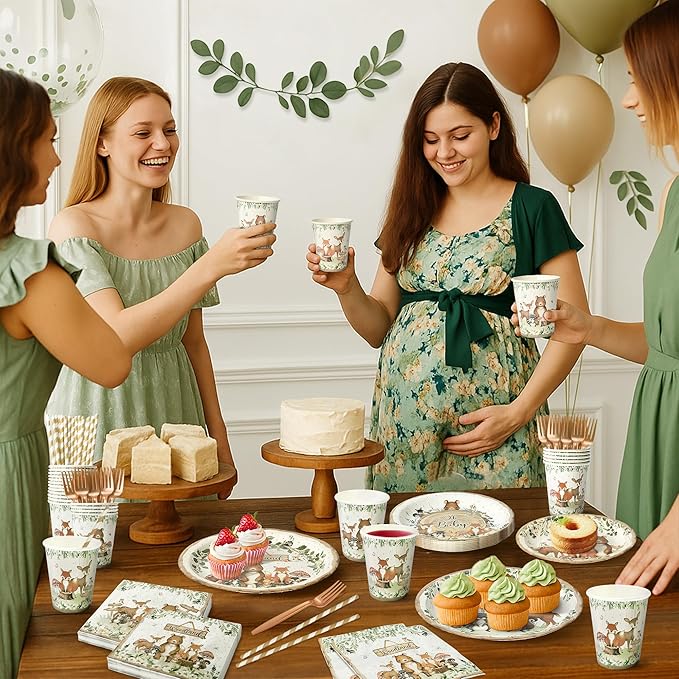 Woodland Baby Shower Party Supplies - 144 Pcs Serve 24 Guests, Safari Jungle Animal Party Decorations Include Plates and Napkins, Cups, Straws, Forks
