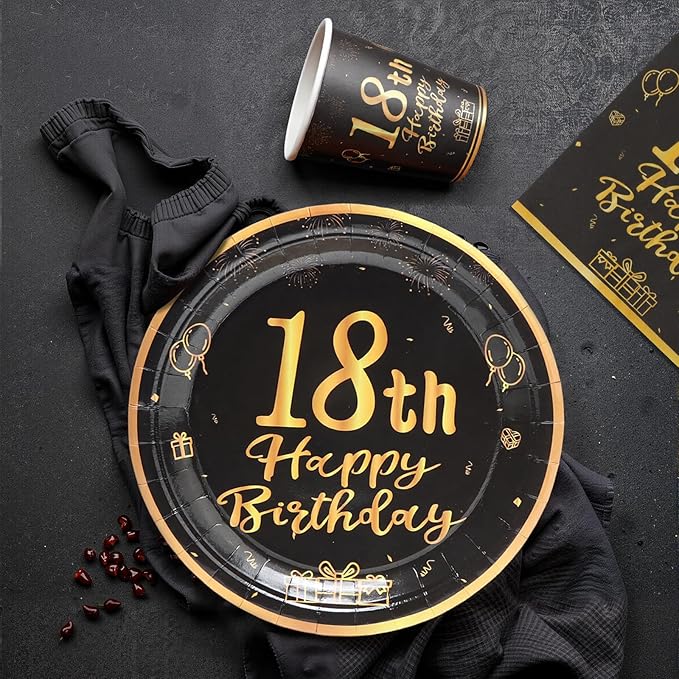 96Pcs 18th Birthday Party Decorations for Men Women Black and Gold Paper Plates and Napkins Cups 18th Birthday Party Supplies, Serves 24