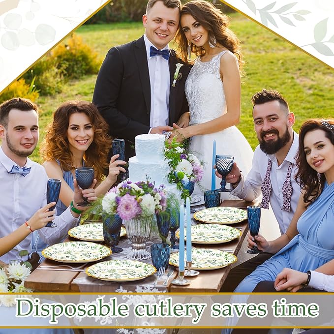 60 Pcs Eucalyptus Paper Plates 7 Inch Baby Showers Green Leaves White Flowers Dessert Disposable Dinner Summer Party Plates for Weddings Gender Reveal Afternoon Tea