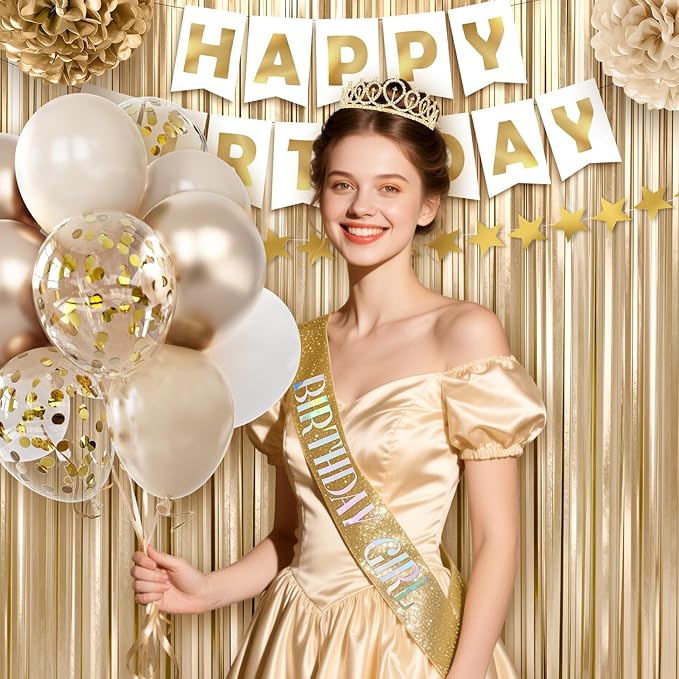 Golden Birthday Party Decorations for Women Girls , 46Pcs Gold Birthday Decorations Include Birthday Girl Sash Crown Fringe Curtain Balloons for Women Girls Party Supplies