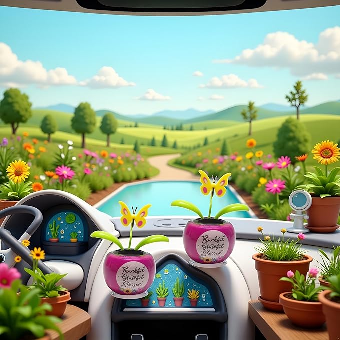 2Pcs Purple Solar Power Flip Flap Flower Insect for Car Decoration Swing Dancing Flower Eco-Friendly Bobblehead Solar Dancing Flowers in Colorful Pots Car Solar Flower, Learning and Education