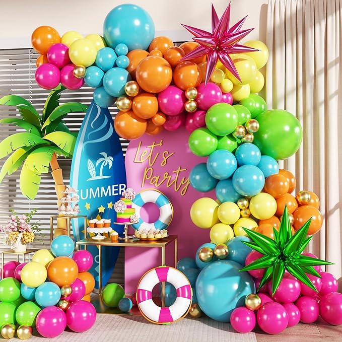 Summer Tropical Balloon Arch Kit 141Pcs Orange Hot Pink Yellow Blue Green Gold Balloons with Foil Star Balloons for Hawaiian Luau Aloha Theme Baby Shower Birthday Party Decorations