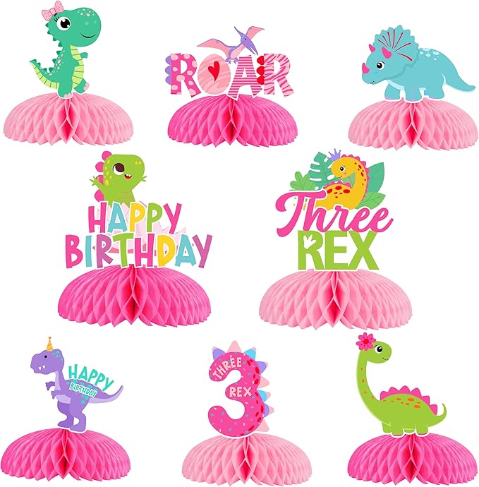 Pink Dinosaur Honeycomb Centerpieces, Little Dinosaur Three Rex Roar Birthday Table Toppers Decorations for Girl’s T-Rex Themed 3rd Birthday Party Supplies