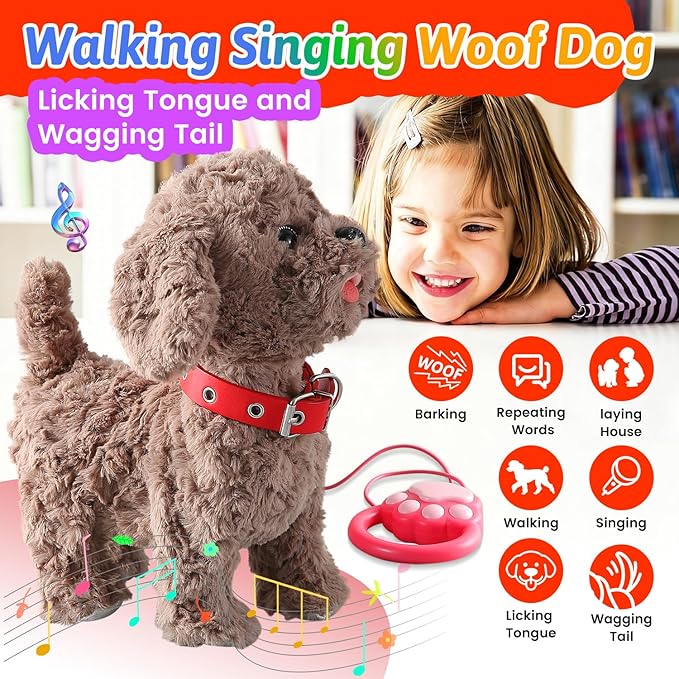 Teddy Walking Barking Dog Toy Singing Puppy Set, Repeat What You Say Teddy with Control Leash Electronic Dog, Touch or Voice Control Realistic Robot Musical Dancing Animated Plush Pet for Toddler