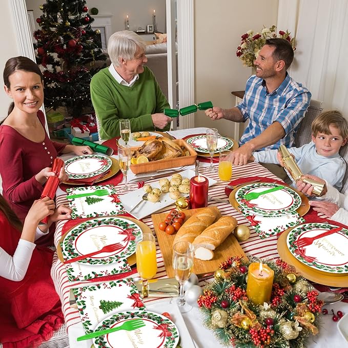 gisgfim 96 Pcs Christmas Paper Plates Napkins Party Supplies Holly Leaf Party Tableware Decorations Favors for Merry Christmas Birthday Serves 24