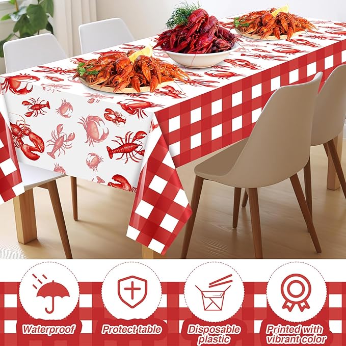 4 Pcs Crawfish Tablecloth Disposable Birthday Party Lobster Table Covers 108 x 54 Inches White and Red Plastic Lobster Table Cloth for Crawfish Boil Party Supplies