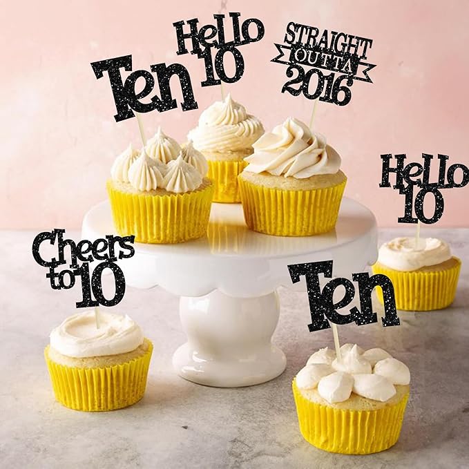 Ephlyn 24Pcs Happy 10th Birthday Cupcake Toppers Glitter Straight Outta 2016 Cupcake Picks Cheers to 10 Years Cake Decorations for 10th Birthday Anniversary Party Decorations Supplies Black