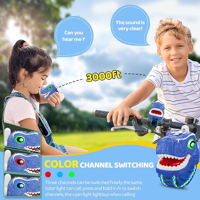 Dinosaur Walkie Talkies for Kids 2 Pack Camping Gear T-Rex Outdoor Toys for Boys Age 3-12 Year Old 3 Channel Long Range Birthday Gifts Easter Christmas Stocking Stuffers Yard Outdoor Games (Blue)