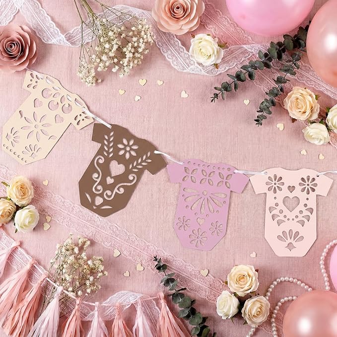 4 Set Cielito Lindo Baby Shower Garland 48 Pcs Pink Papel Picado Party Decorations Mexican Lace Baby Bodysuit Banner Card with Hanging String for Gender Neutral Party Supplies