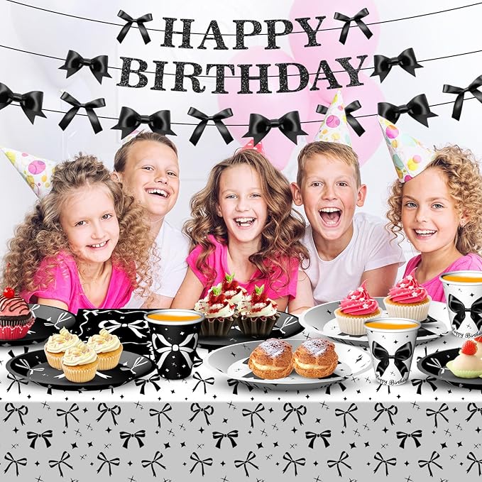 Black Bow Birthday Party Supplies Girl Coquette Birthday Party Decorations Includes Black Bow Plates Napkins Cups Tablecloth Banner for Bow Theme Party Decorations, Serve 24